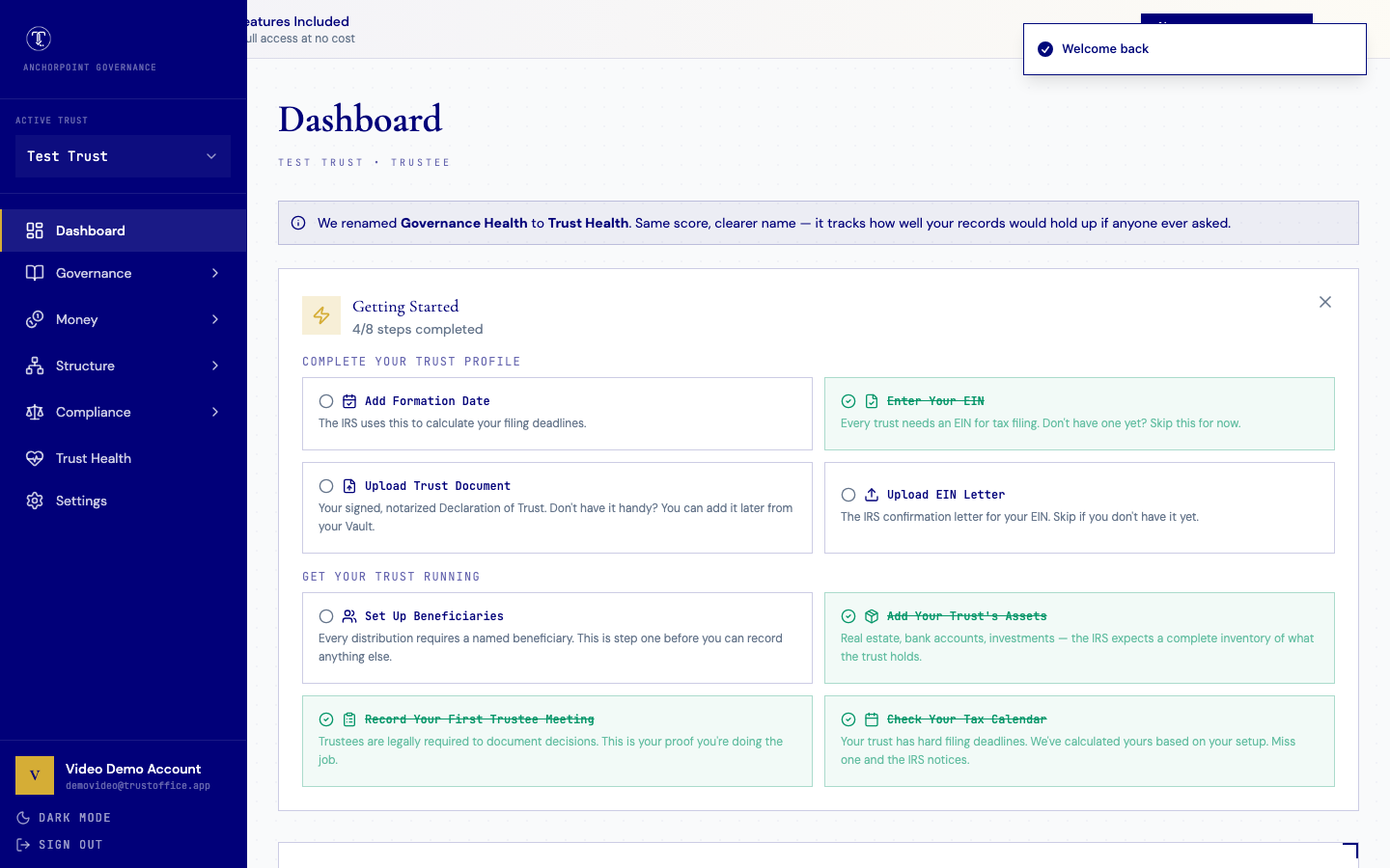 TrustOffice Dashboard showing What's Next actions and AI Recommendations to improve governance score