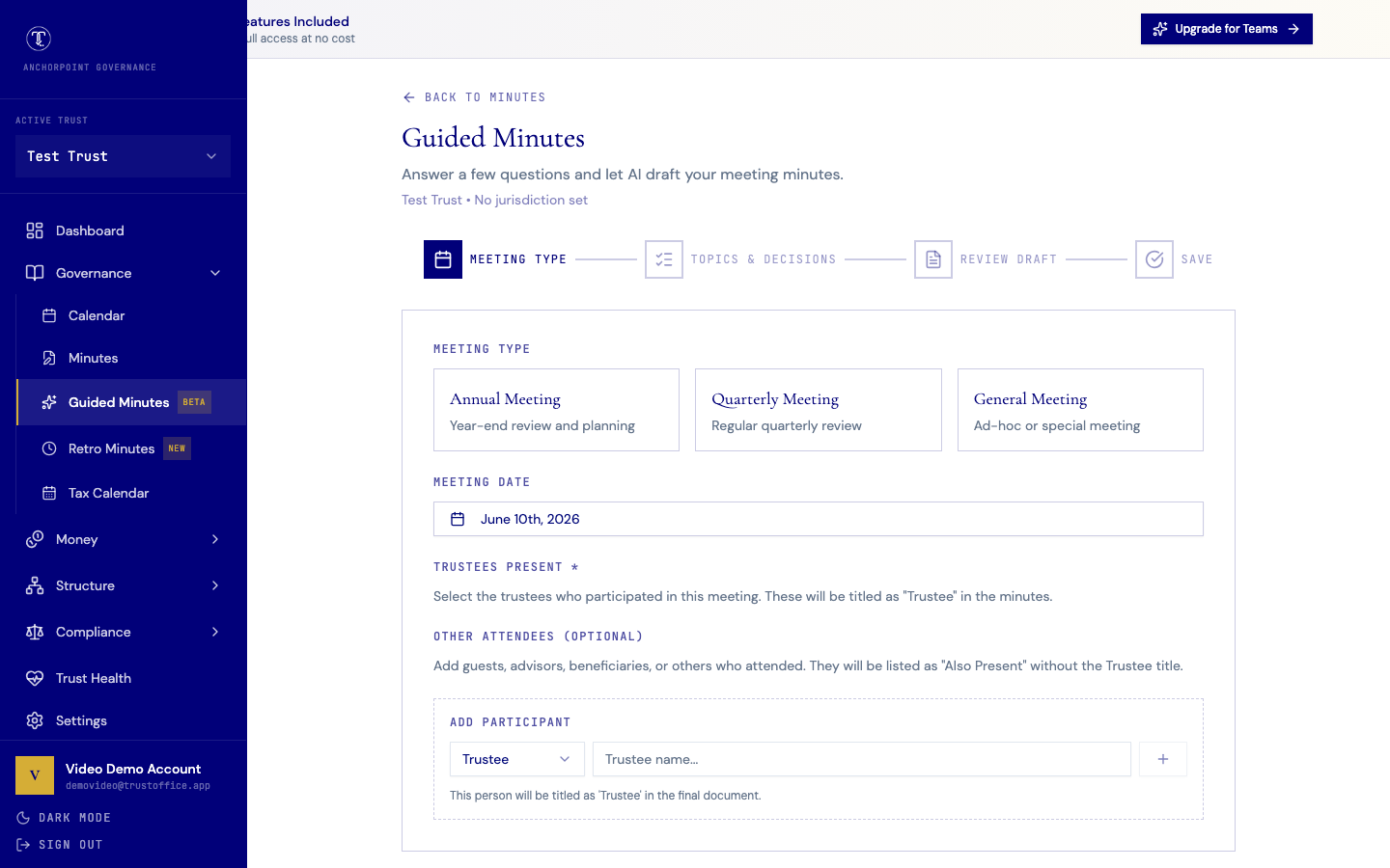TrustOffice Guided Minutes wizard showing meeting type selection, participant fields, and AI-powered document generation