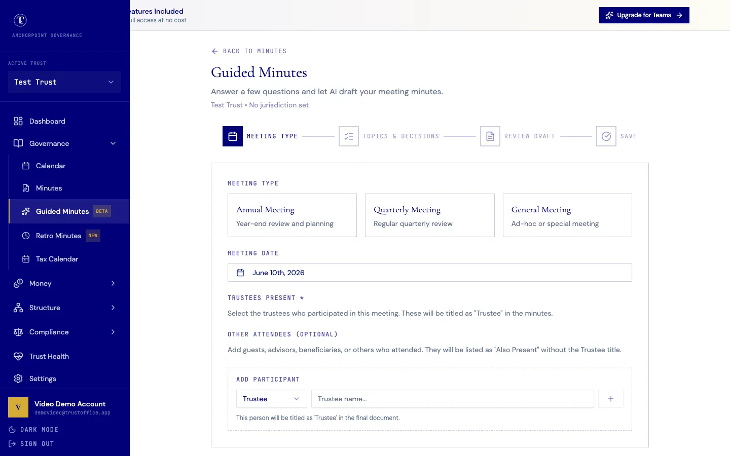 TrustOffice Guided Minutes wizard showing meeting type selection, participant fields, and AI-powered document generation