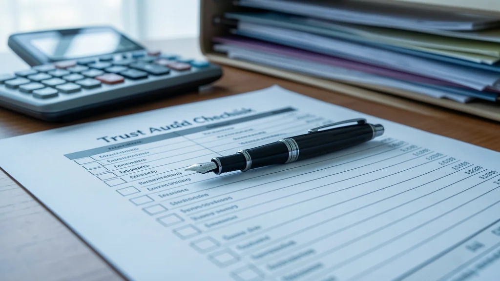 A trust audit checklist with a fountain pen and calculator, showing the documentation standard trustees must meet to survive IRS scrutiny