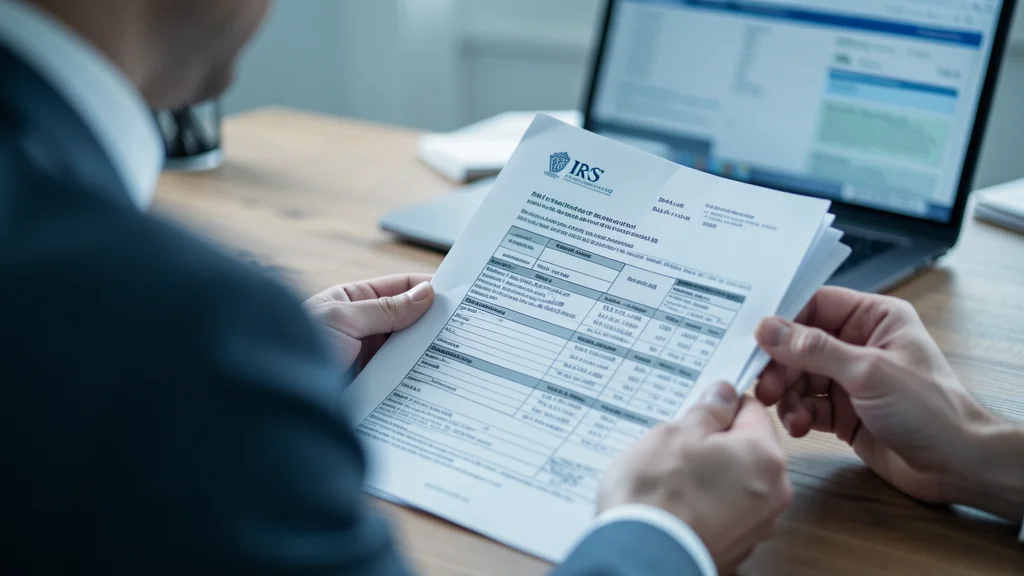 A trustee reviewing IRS tax forms and financial documents during a trust audit, with a laptop open in the background