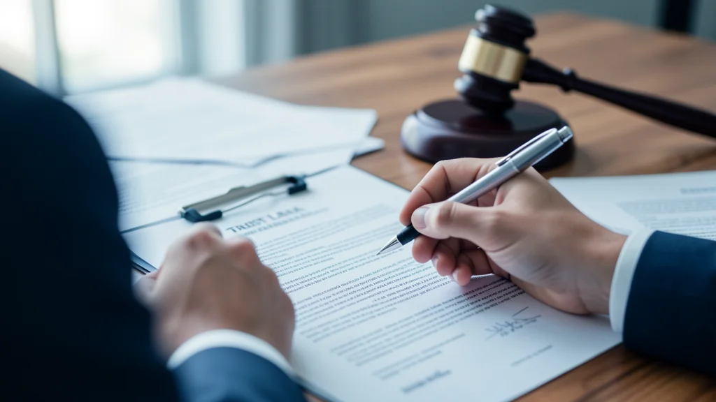 A trustee reviewing legal documents and court filings related to trust surcharge and personal liability, with a gavel visible in the background