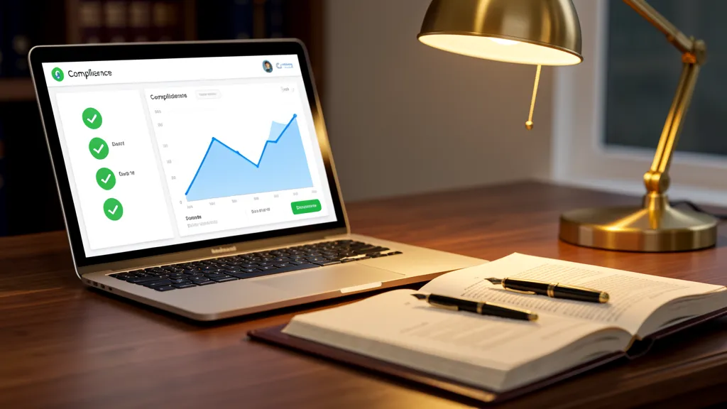 Trustee desk with AI compliance dashboard showing green checkmarks and trust documents, TrustOffice AI compliance monitoring