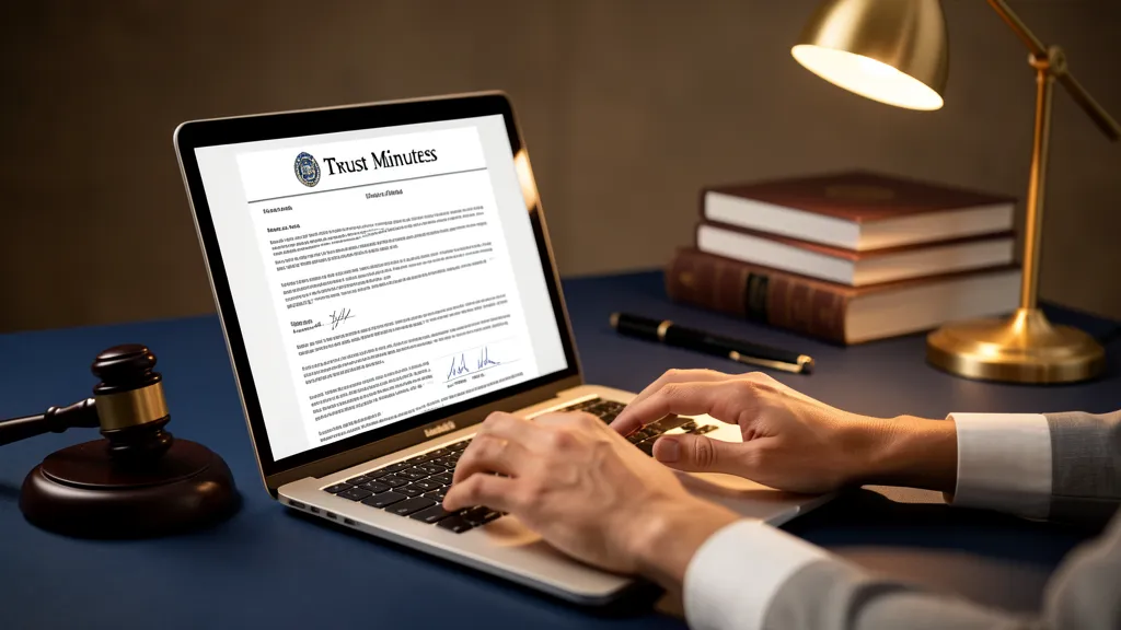 Hands typing trust minutes on a laptop with legal documents and gavel in background, TrustOffice AI-assisted minute taking