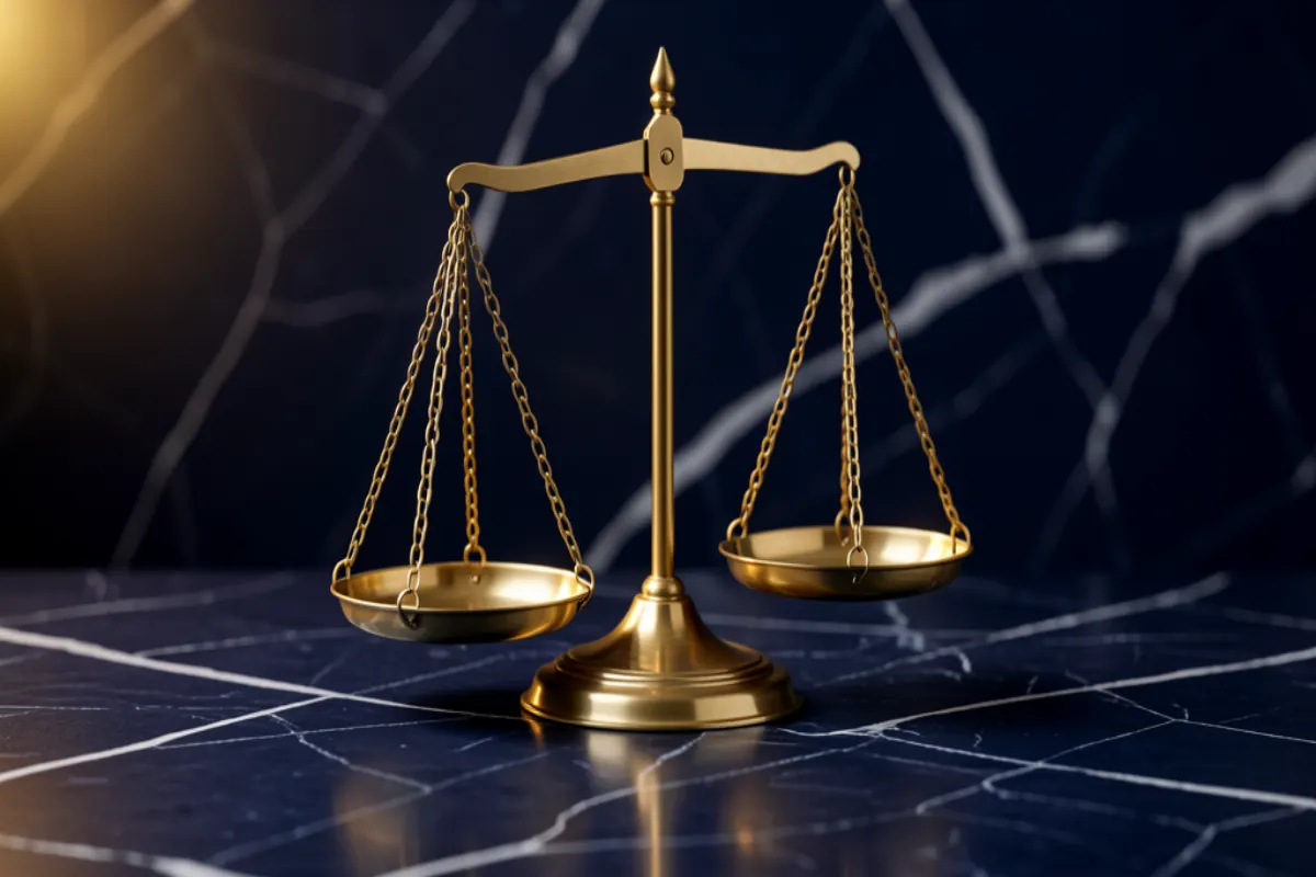 Brass scales of justice on navy marble symbolizing fiduciary accountability