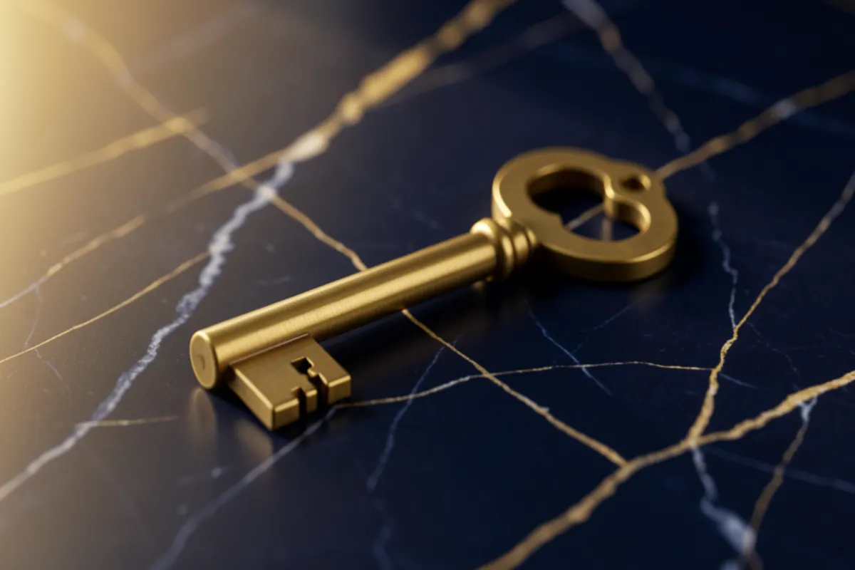 Golden skeleton key on navy marble symbolizing secure multi-generational trust records